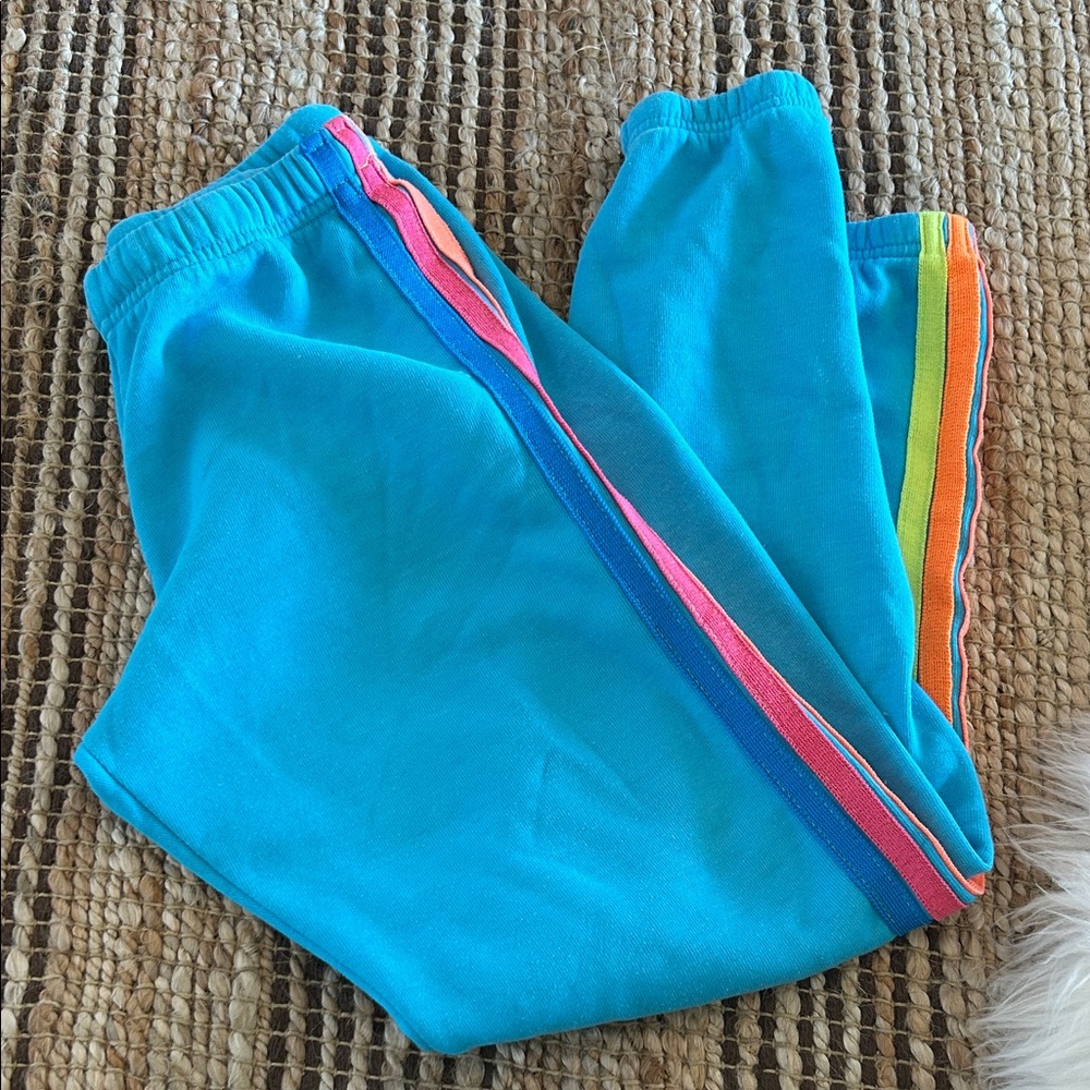 Aviator Nation Blue Joggers with Rainbow Stripes